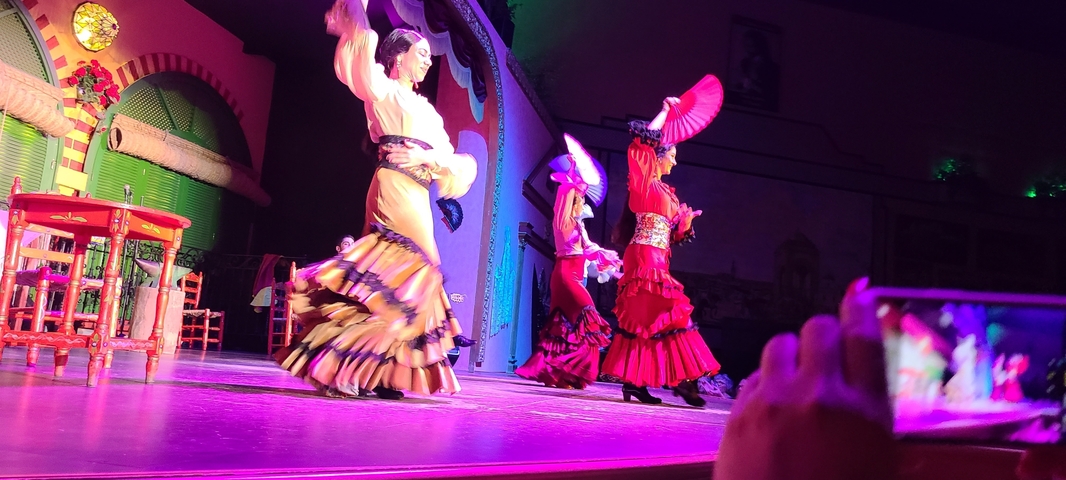       Flamenco dancers performing on stage with vibrant costumes.
  