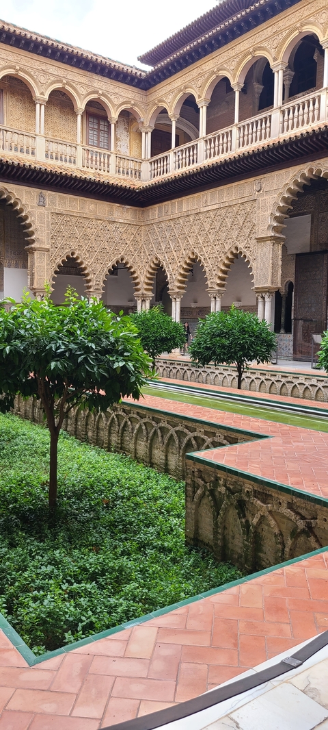       Courtyard with orange trees and traditional Islamic architecture.
  