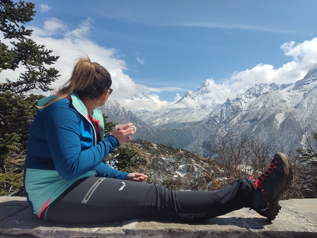       Person enjoying a mountain view with snowy peaks and clear skies.
  