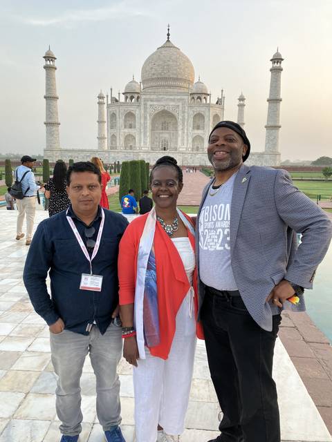 Group of people at Taj Mahal.
