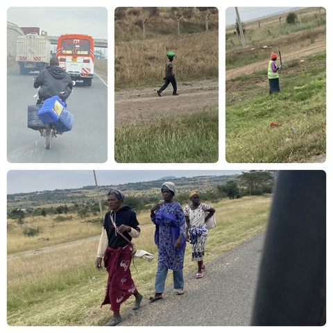       A collage showing various people on the road.
  