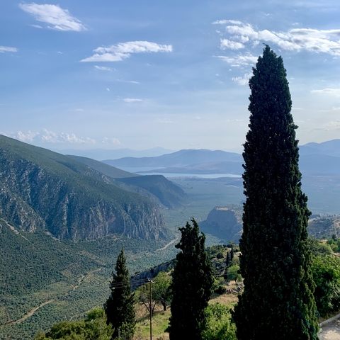       Scenic view of mountains and valleys in Greece.
  