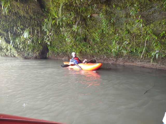 Person kayaking in a narrow waterway surrounded by lush vegetation.