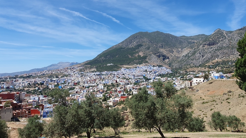       Picturesque view of a city with blue and white architecture surrounded by mountains.
  