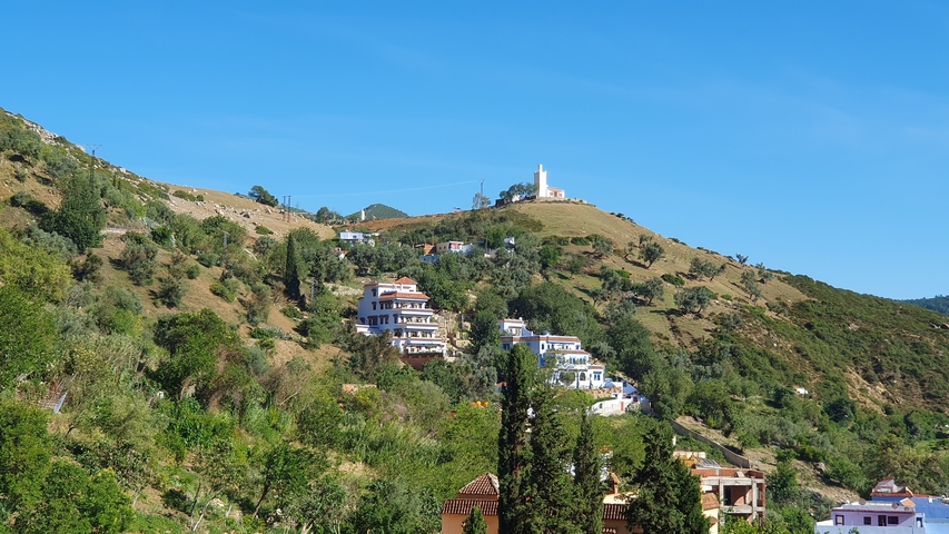       Scenic view of houses on a green hillside under a blue sky.
  