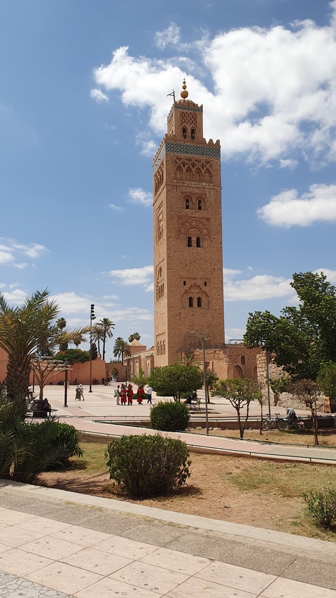Tall minaret and palm trees in an urban setting.