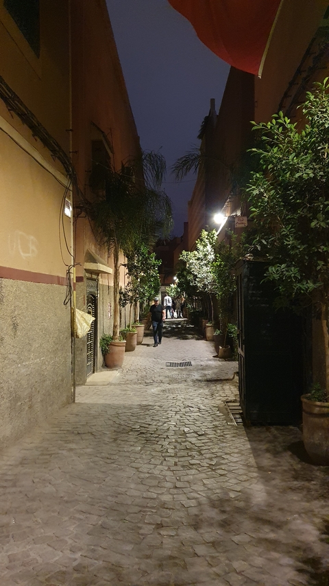       Narrow alleyway at night with people walking.
  