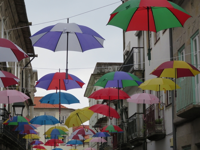       Umbrellas hanging over a street with buildings in the background.
  