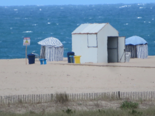 Beach huts and umbrellas on a windy beach day.