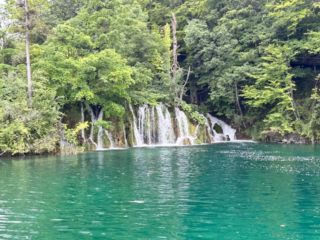 Waterfall cascading into a turquoise lake surrounded by lush greenery.