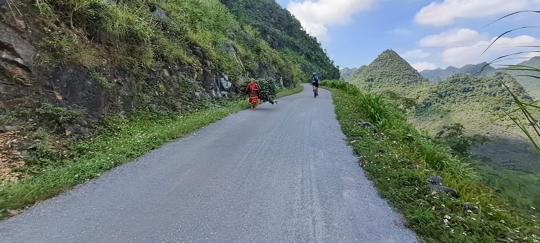 People walking on a mountain road surrounded by greenery.