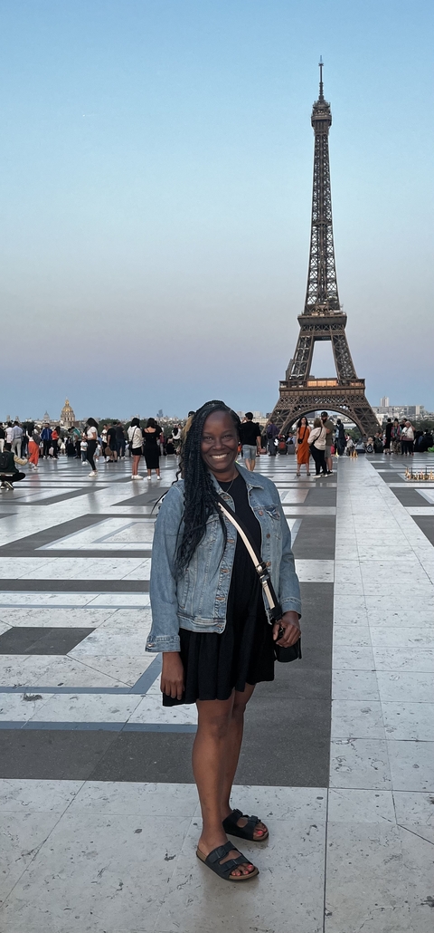 Person standing in front of the Eiffel Tower with a busy plaza.