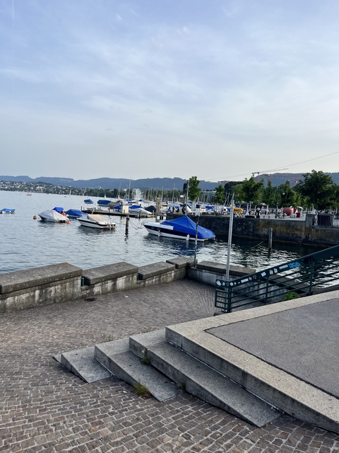       Dock with boats and water, hills in the background.
  