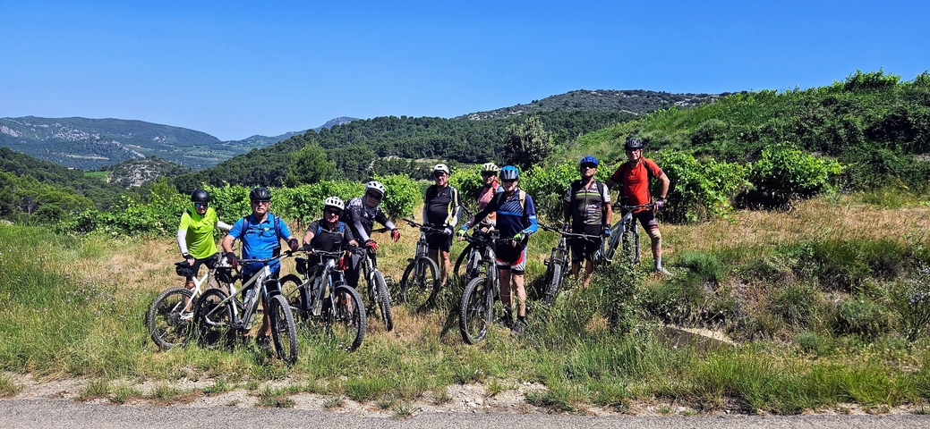 Group of cyclists posing in a picturesque landscape.