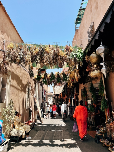       Lively street market with hanging goods and people
  