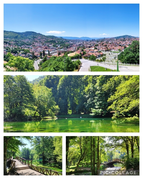 Collage of a town view and a serene lake setting