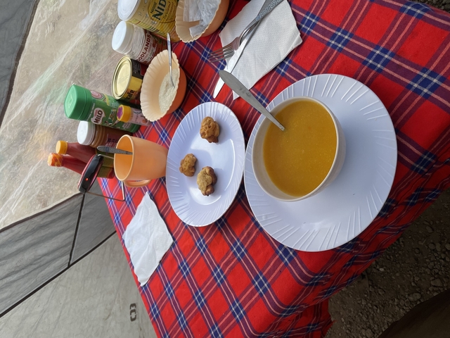 Plates of food on a checkered cloth in a tent.