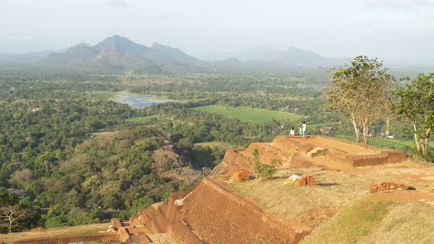 Aerial view from Sigiriya of surrounding landscape and architecture.