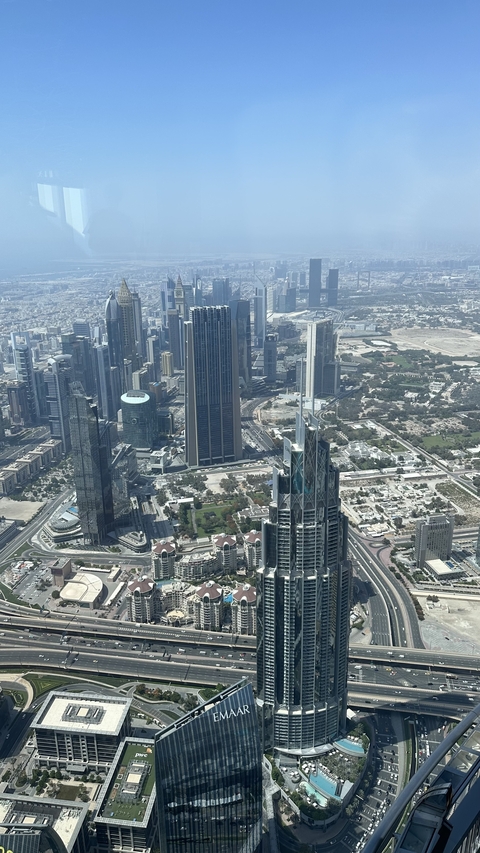 Aerial view of a city skyline with high-rise buildings.