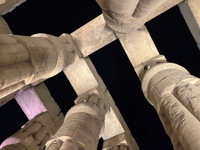       View looking up at illuminated ancient columns at night.
  
