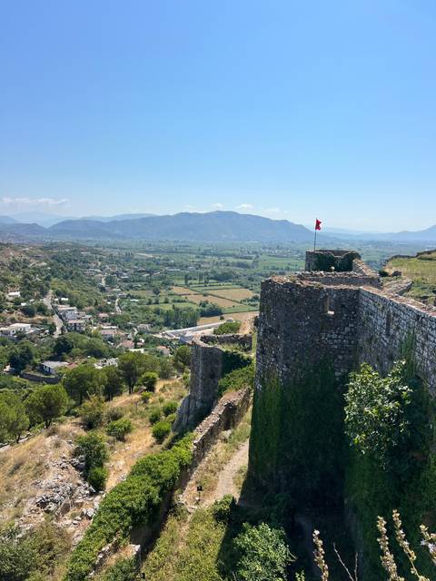 Stone ruins with a flag on top overlooking a valley.