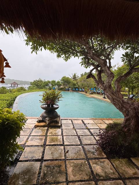 A serene poolside area with a view of lush greenery.