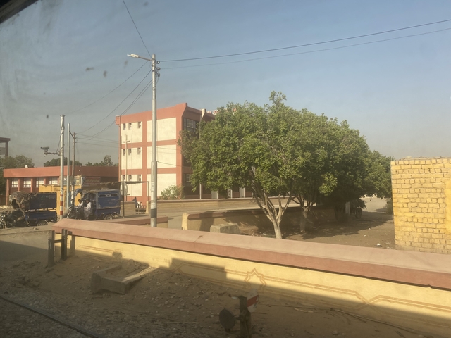 Street scene with a building and tree viewed through a dusty window.