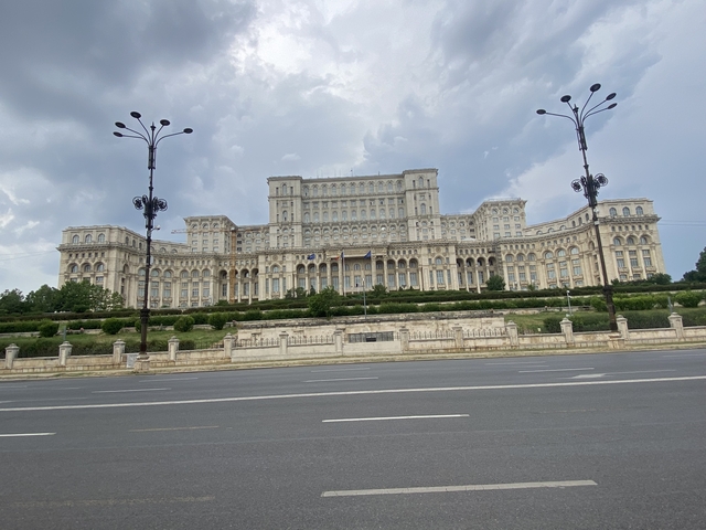 Massive neoclassical palace, the Palace of Parliament.