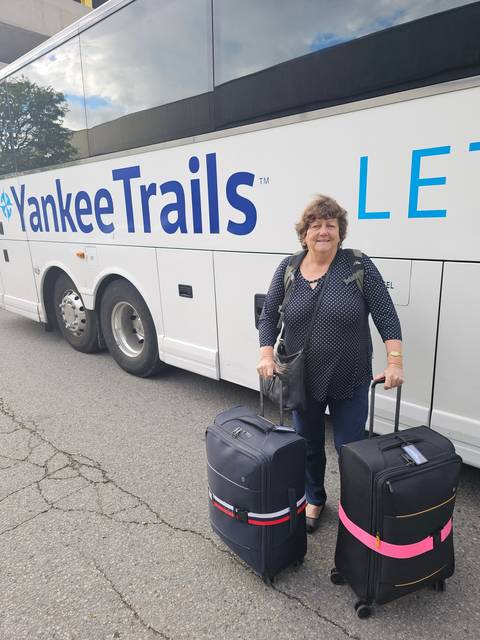       A person with luggage standing next to a bus.
  