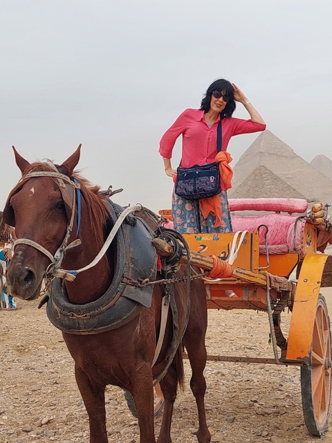 Woman standing on a horse-drawn cart near pyramids.