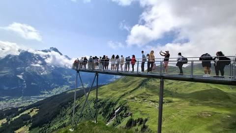 Tourists walking on a suspension bridge high above a grassy valley.