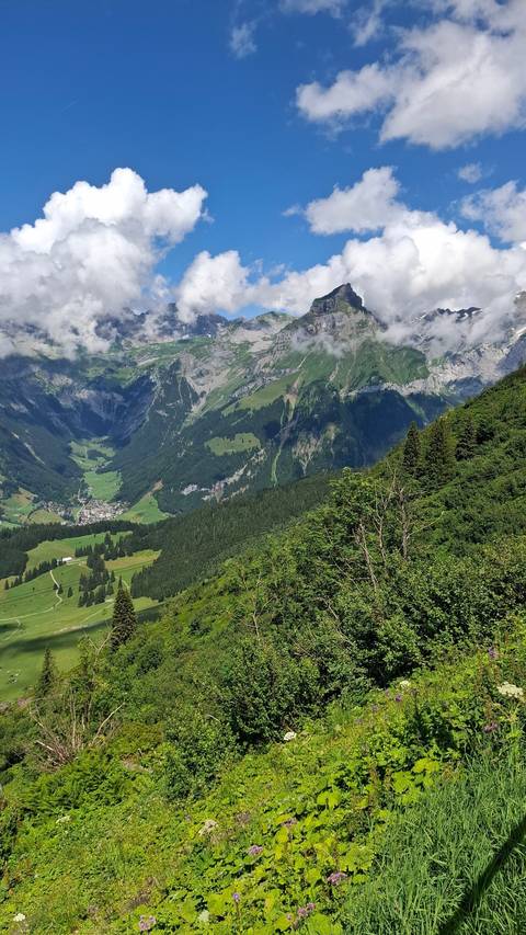       Picturesque landscape of mountains and green valleys.
  