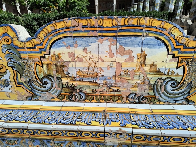 Decorated tiles with historical imagery.