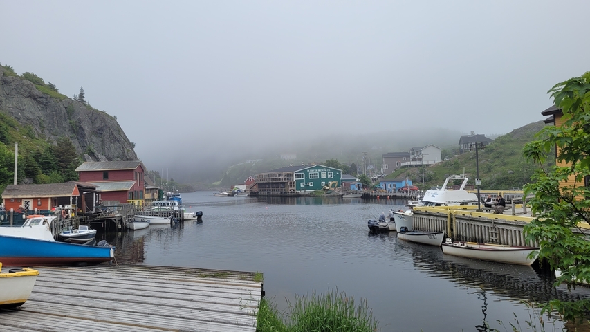 Picturesque harbor with colorful buildings and boats on a foggy day.
