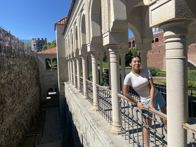       A person standing on a balcony of a historic building.
  