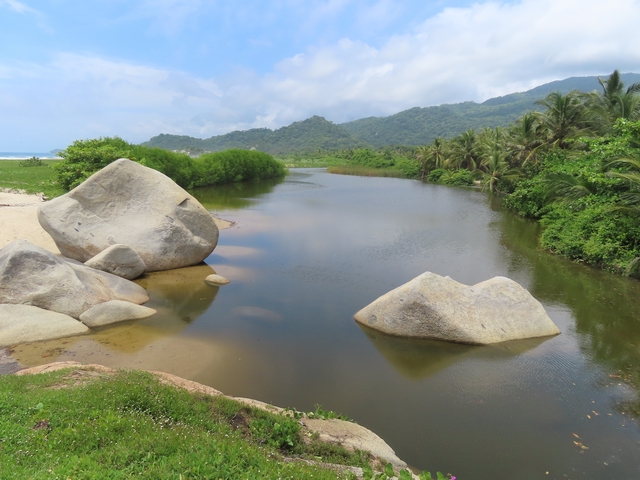       A tranquil river with large rocks and lush vegetation.
  