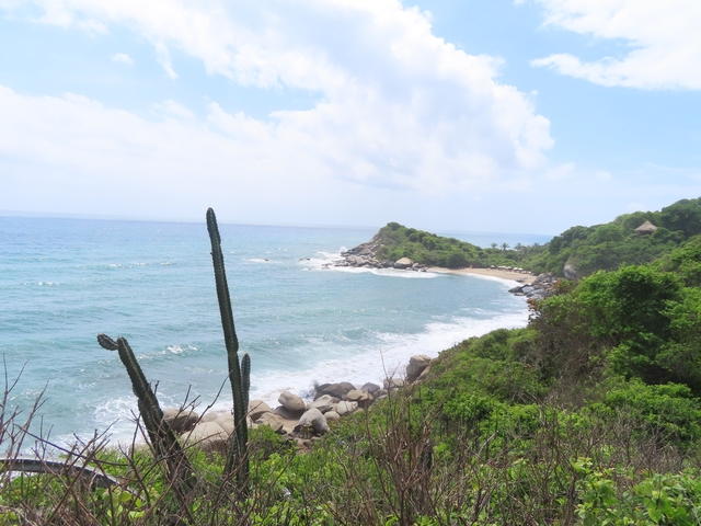       A view of a coastline with waves and rocky outcrops.
  