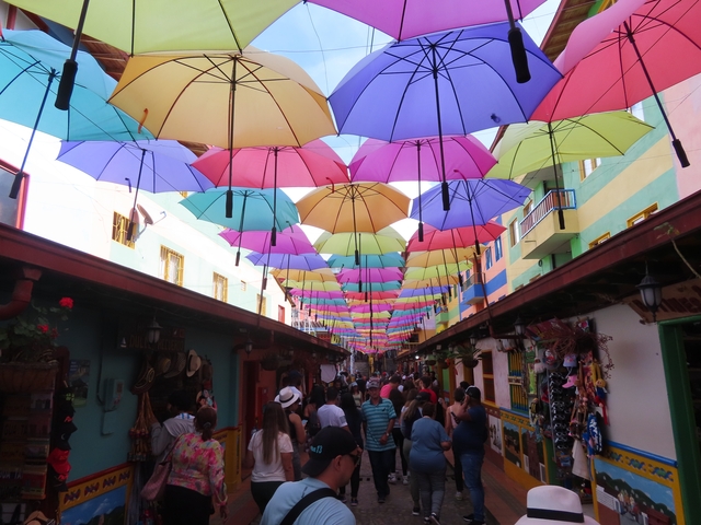       Umbrellas hanging over a bustling street with many people.
  