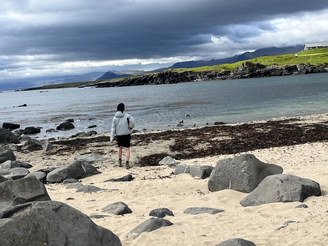       Person walking on a rocky beach with mountains and sea.
  