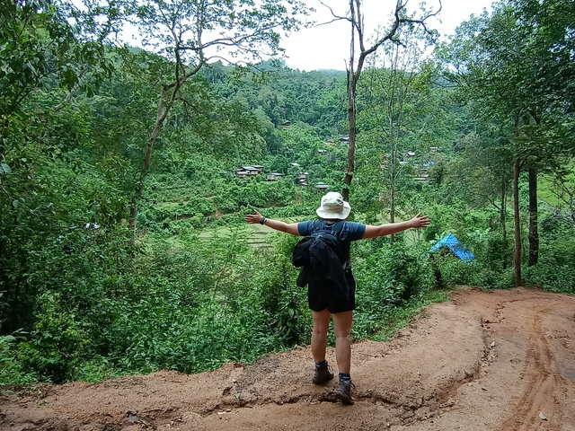       Person enjoying a scenic view of a valley from a hilltop.
  