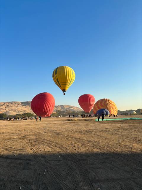 Hot air balloons being prepared for takeoff over a sunlit landscape.