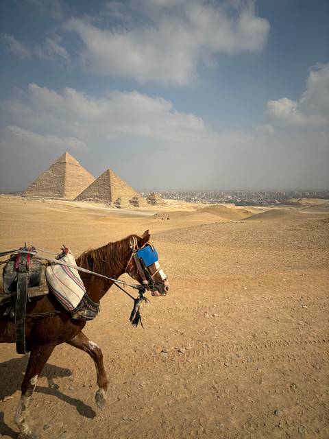       Horseback ride through the desert with pyramids in the background.
  
