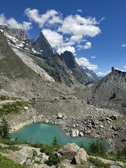 Rocky terrain with mountains in the backdrop.