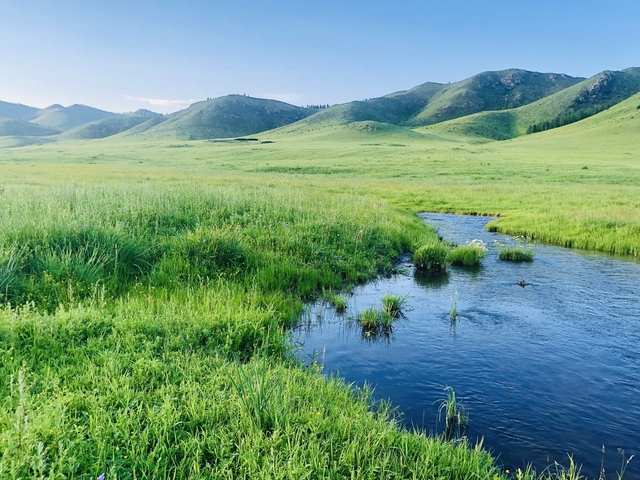 Serene landscape of a stream running through green fields.