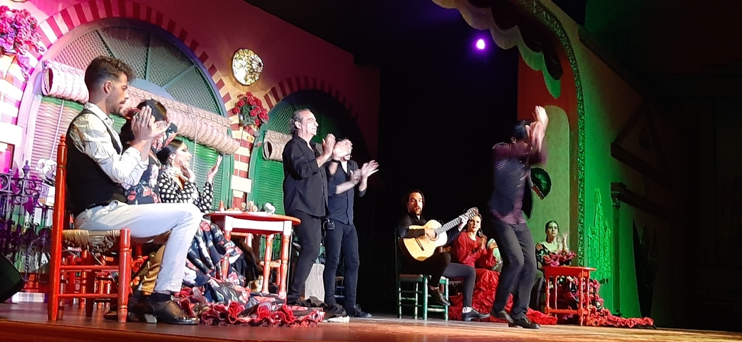 Flamenco performance with dancers and musicians on stage.