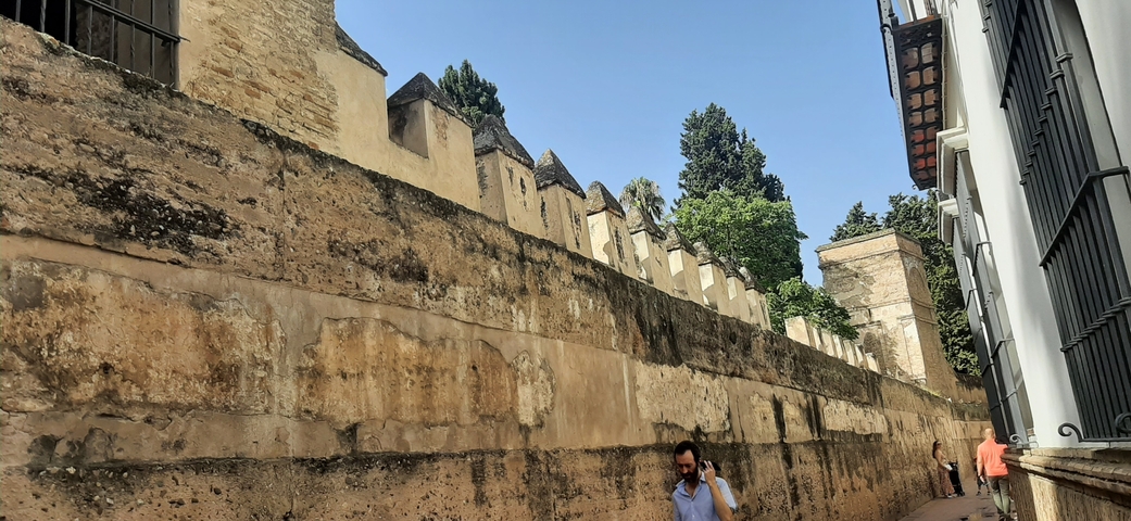       Man walking along a historic wall on a sunny day.
  