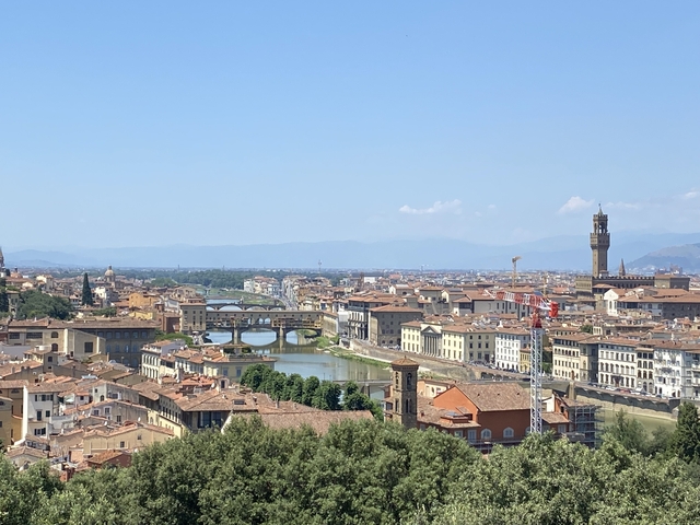       Panoramic view of Florence with bridges and historical buildings.
  