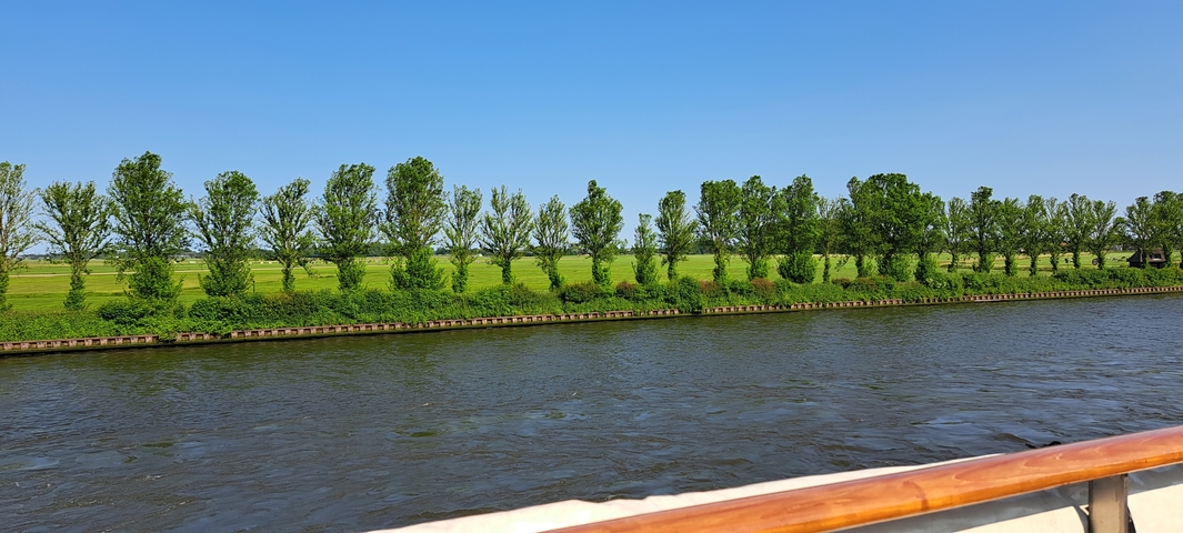 View of a canal lined with trees, clear sky.