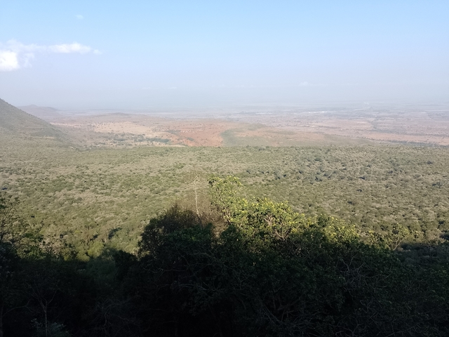 Expansive view of a valley with mountains in the background.
