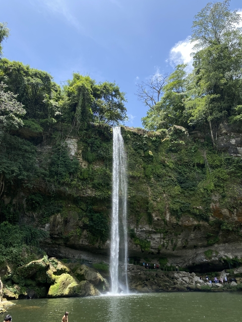 Tall waterfall cascading down a lush, green cliff.